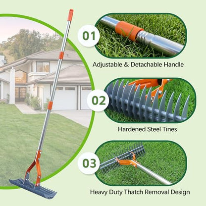 Thatch Rake – 74-Inch Heavy Duty Metal Rake with Hardened Steel Tines for Efficient Lawn Thatch and Dead Grass Removal, Detachable Handle Manual Dethatcher Rake for Yard and Landscape Maintenance