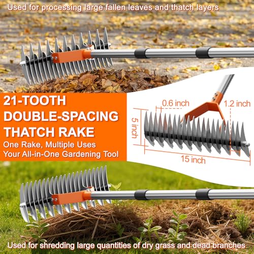 21-Tine Thatch Rake for Lawn,15" Heavy Duty Dethatcher Rake with 68" Handle - color: Orange