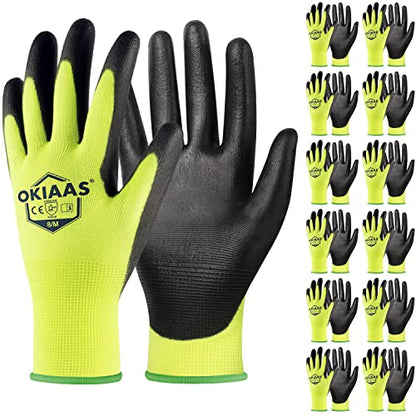 OKIAAS PU Coated Work Gloves Men, Ultra Grip & Lightweight, 12 Pairs Bulk - color: Yellow (12 Pairs), size: Medium