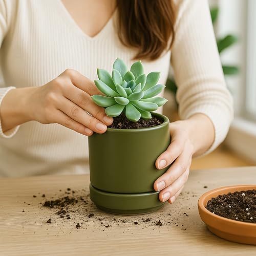 D'vine Dev 4-Pack Ceramic Pots with Saucers, Olive, 4.7 in, 94-X-B-0 - color: Olive, size: 4.7 Inch