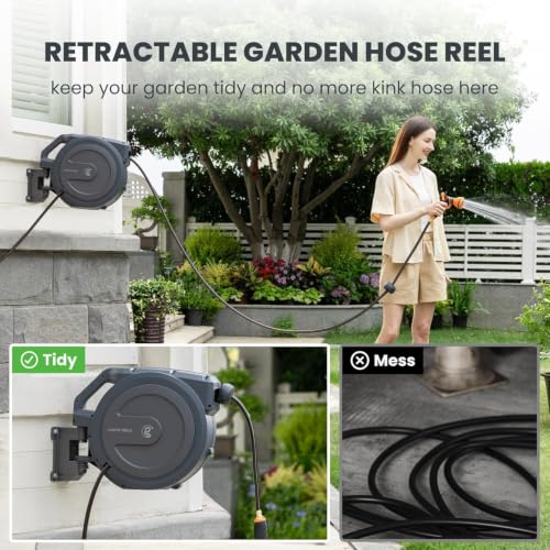 Giraffe Tools Garden Retractable Hose Reel Auto Rewind Wall Mount 1/2"130FT - size: 1/2" 130FT