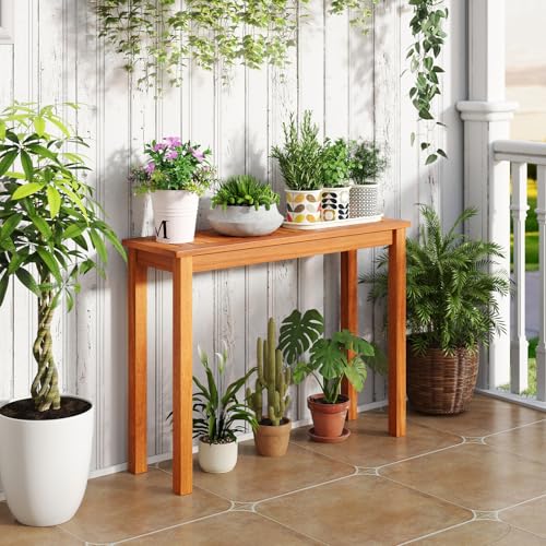Tangkula Wooden Plant Stand, Outdoor Indoor Solid Wood Flower Pot Holder Display Shelf with Teak Oil Finish, Slatted Top, Rustic Plant Rack for Patio Garden Entryway Porch - size: 40" x 12" x 29"