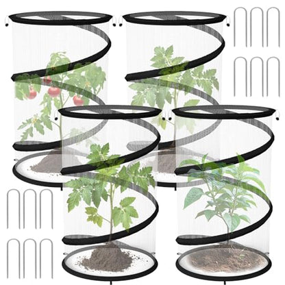 Erinaik 4 Pack Pop up Plant Guard Covers Tent from Animals White, 19.6" x 11.8" Foldable Plant Protectors Mesh Net, Garden Plant Enclosure Protection Cage with Stakes & Carry Bag for Outdoor Plants