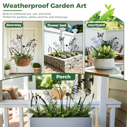 9-Piece Black Metal Butterfly Meadow Garden Stake Set - style: Black_Butterfly Meadow Set