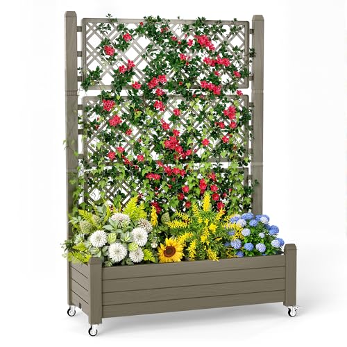PatioZen Raised Garden Bed with Trellis, 21 Gallon Self Watering Planter Box with Lockable Wheels & Drainage Holes for Climbing Plants Vegetables Flowers, Anti-Rust Resin for Backyard Patio (Grey) - color: Gray, size: 43.43"L x 18.27"W x 64.29"H