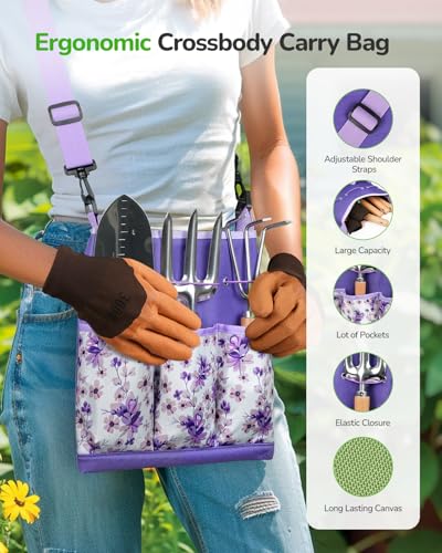 Grenebo Gardening Tools Set, 11-Piece Rust-Proof Kit with Bag, Purple - color: Purple