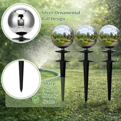 Tandefio 3 Pcs Garden Hose Guide Spike 13.5'' Decorative Ball, Silver - color: Silver