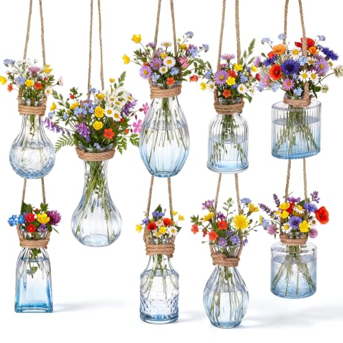 Baderke 9 Pcs Window Propagation Glass Vases with Jute Rope Mini Vintage Embossed Wall Vases for Plant Lover Wedding Hydroponic Garden Home Decoration(Clear Light Blue) - color: Clear Light Blue