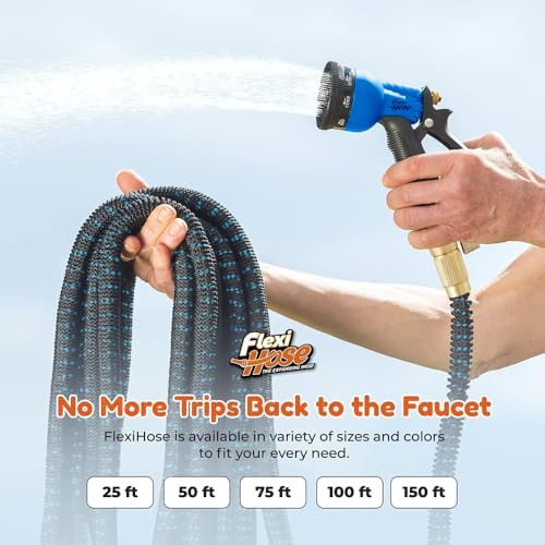 Flexi Hose Expandable Garden Hose with 8 Function Nozzle, 75FT - Lightweight Retractable Garden Hose, Water Hose - No-Kink Flexibility, 3/4 Inch Solid Brass Fittings and Double Latex Core - size: 75ft