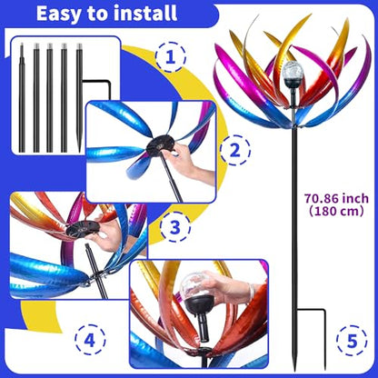 70 in Large Wind Spinners Outdoor, Solar Wind Sculpture, Purple - color: Purple and Blue