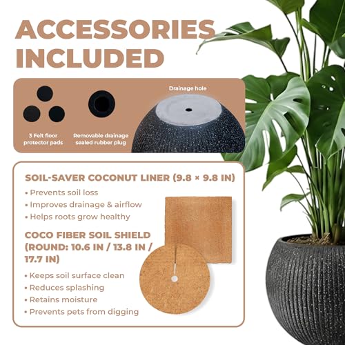Marlo Fiberstone Round Planter, Ribbed Finishes (L, Black) - color: Ribbed Black, size: 21.3"D x 16.5"H