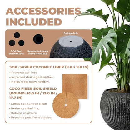 Marlo Fiberstone Round Planter, Ribbed Finishes (L, Black) - color: Ribbed Black, size: 21.3"D x 16.5"H