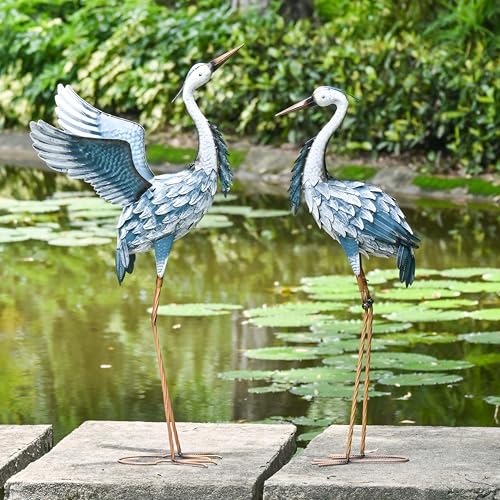 TERESA'S COLLECTIONS Garden Decor, Set of 2 Herons Garden Decor, 23-25", Elegant Herons with Blue Painting, Waterproof Metal Garden Statue, Birthday Gifts for Women Mom - size: Medium