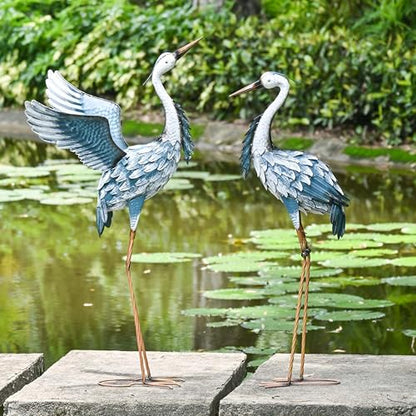 TERESA'S COLLECTIONS Garden Decor, Set of 2 Herons Garden Decor, 23-25", Elegant Herons with Blue Painting, Waterproof Metal Garden Statue, Birthday Gifts for Women Mom - size: Medium