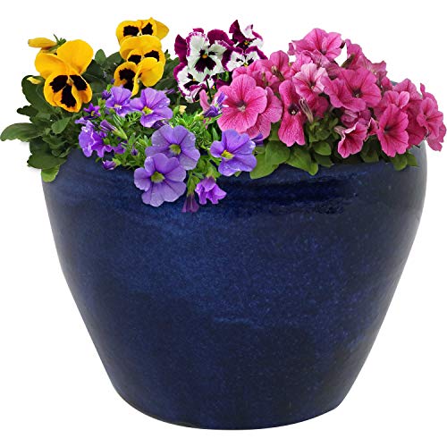 Sunnydaze Chalet 14.5" Ceramic Plant Pot, Imperial Blue Glaze
