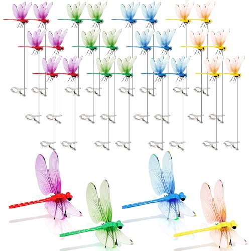 24 Pack Dragonfly Clips, Fake Dragonflies with Stakes, Realistic Plastic Dragonfly Garden Decorations, Fly Deterrent Clips for Hats, Pets, Horses, Deer, Yard, Patio, Indoor & Outdoor Decor - color: 24Pack Colorful