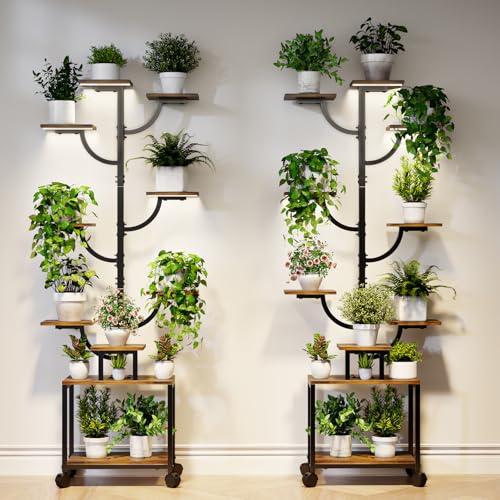 Plant Stand Indoor with Grow Lights - 9-Tier Plant Stand with Wheels, Tall Metal and Wood Indoor Plant Shelf with Tree Design, Rolling Flower Pot Holder Rack with Waterproof Finish, Adjustable Display Stand for Home Garden, Patio, 62" Tall - size: 62 in
