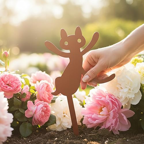 Metal Garden Decor Dancing Cat Plant Stake for Flower Pots, Steel