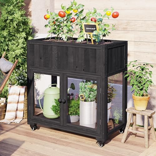 Merax Raised Garden Bed with Leg, Potting Bench with Wheels Outdoor Garden Work Bench Station Planting Solid Wood Construction for Horticulture w/Storage Cabinet, Black - size: 37'' Black