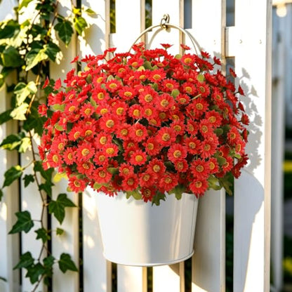 Artificial Daisy Mums for Outdoors, 12 PCS Fall Flowers, Red - color: Red