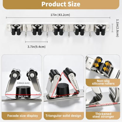 Broom Holder Wall Mount, Mop Organizer, 5 Racks, 4 Hooks, Heavy Duty