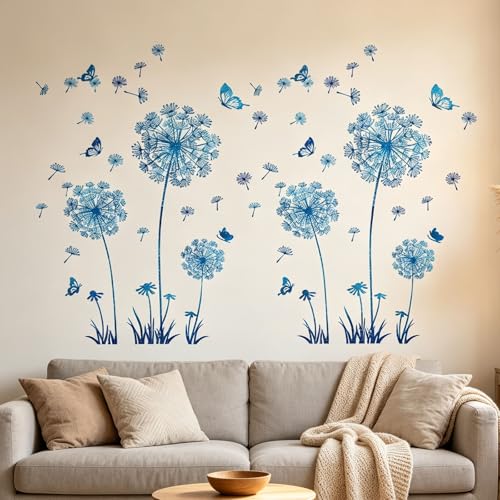 Arawat 2 Set Dandelion Wall Decals - Blue Flower Stickers, Murals, Butterflies Decor for Bedroom, Office, Bathroom, Living Room - Floral Removable Peel and Stick Room Decoration - color: # 2 Set Light Blue Dandelion Wall Decals