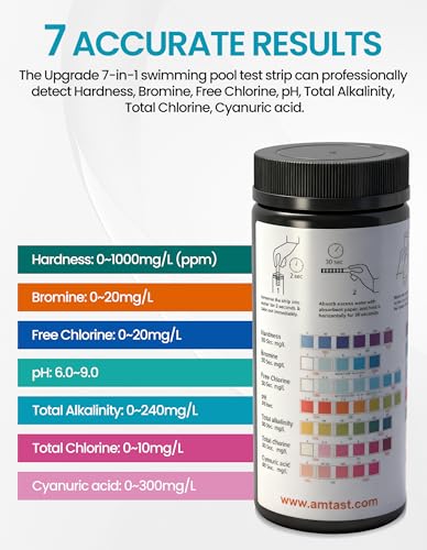 7 in 1 Water Test Strips 100Pcs Pool Test Strips Pool Water Testing Kit Test for PH, Total Chlorine, Free Chlorine, Total Alkalinity, Cyanuric Acid, Total Hardness, Bromine (Model DF006) - color: DF006
