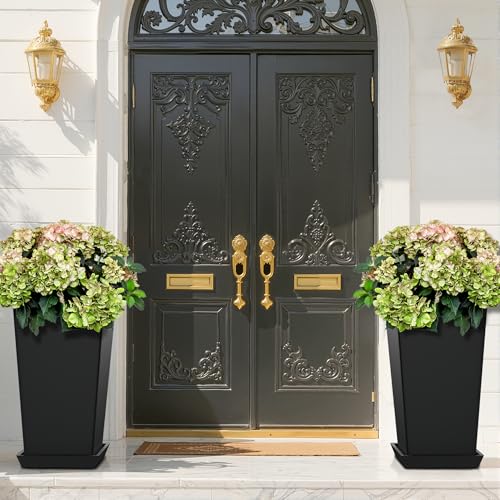 FENCY Set of 2 Tall Planters for Outdoor Plants, Black - color: Black-square Classic
