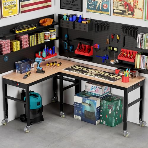 Antifir 60" Adjustable Workbench, Heavy Duty Wood Workstation - size: 60x24" With Wheel