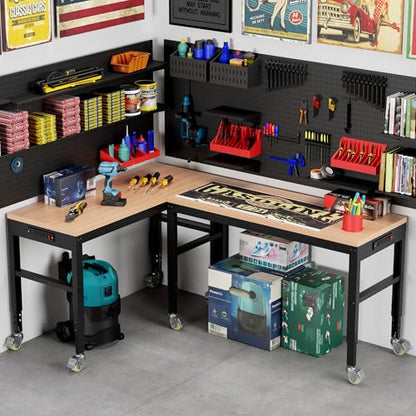 Antifir 60" Adjustable Workbench, Heavy Duty Wood Workstation - size: 60x24" With Wheel
