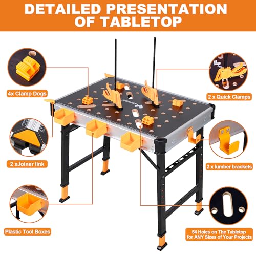 WORKESS Portable Workbench 1000Lbs Capacity 2026 Upgraded Adjustable 5 Level Height Heavy Duty Folding Work Table with 2 Quick Clamps, 4 Bench Dogs, 3 Tool Boxes for Garage Easy Storage - style: Adjustable Height