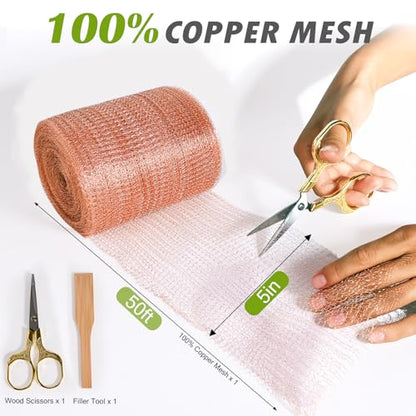 5" x 50 ft Copper Mesh Rodent Control Copper Wool for Slug Mice Snail Pest - size: 5 inx50 ft