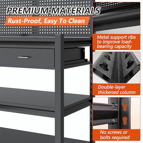 Metal Workbench, Mobile Work Table, Pegboard & Drawer, 1 Pack - size: 47.2"H x 33.5"W x 18"D with Drawers