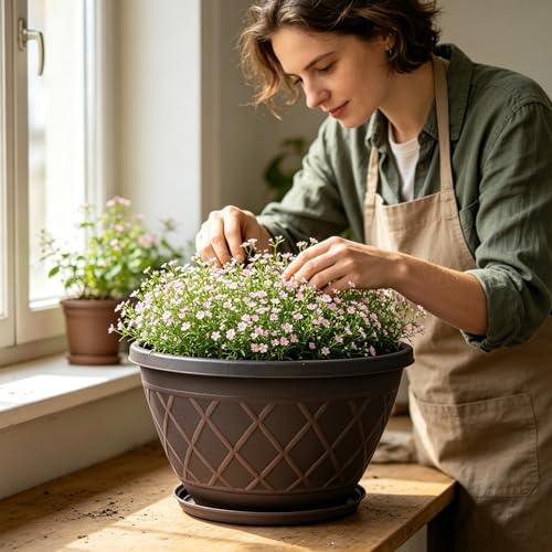 4 Pack 12 Inch Pots for Plants, Plastic Flower Pots with Faux-fence Texture - size: 12 Inch - 4Pack
