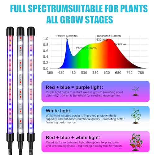 Indoor Plant Grow Light, Full Spectrum Clip Plant Lamp with Red, Blue, White Light, Plant Growing Light with Adjustable Gooseneck, 4/8/12/18H Timer, 10 Brightness Levels, 3 Lighting Modes, 2 Head - size: Red+Blue+White-2 Head 1Pack