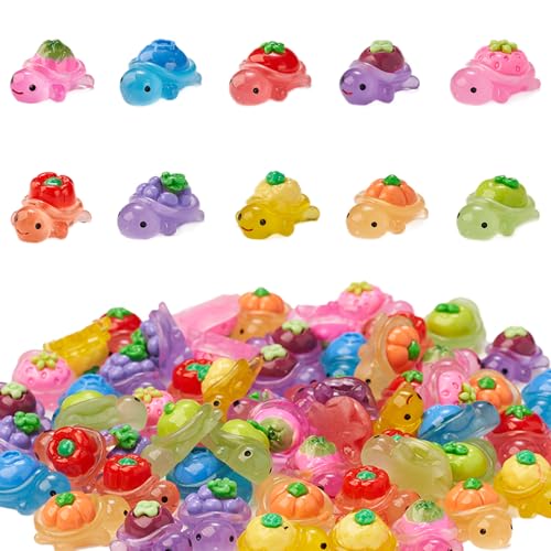 60Pcs Mini Resin Turtles, Tiny Sea Animals Figures, Small Luminous Bulk Glow in the Dark, Stylized Turtles Fruits & Veggies on the Back for Crafts Micro Landscaping Tank Fairy Garden Decor - color: 60pcs Turtles