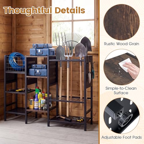 Goplus Garden Tool Organizer with Wooden Shelves, 3-Tier Yard Storage Rack
