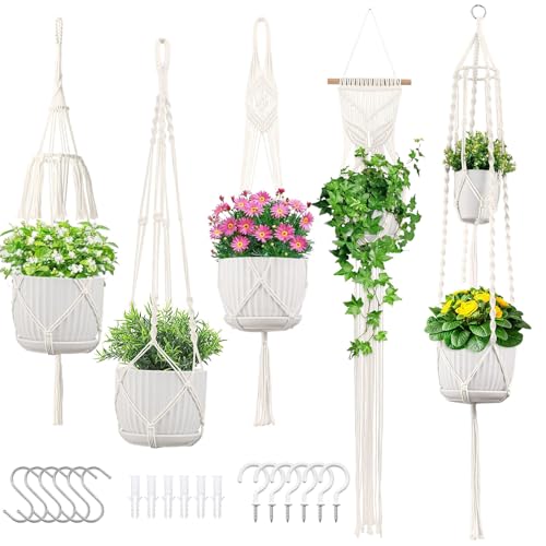 Macrame Plant Hangers 5Pack, Handmade Cotton Rope Hanging Planters - color: Ivory