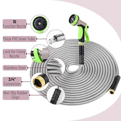 UNCO- Metal Garden Hose with 10 Functions Spray Nozzle, 100 Feet, No Kink