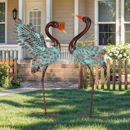 36.8" Metal Blue Heron Garden Statue, Handcrafted Crane Sculpture - color: 36" Distressed Patina Green