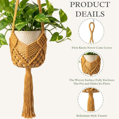 Boho Macrame Plant Hanger with Hooks, Rope Hanging Baskets for Plants - color: Brown 2pack Pots Not Included