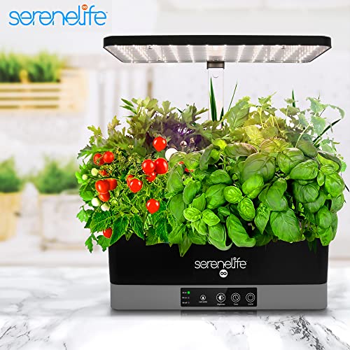 SereneLife Smart Indoor Garden - Hydroponic Herb Garden with 4000K Grow Lights Panel, Control Panel Settings, Water Stick, No Soil, Mess-Free, Height Adjustable, Grows Up to 6 Plants - color: Black