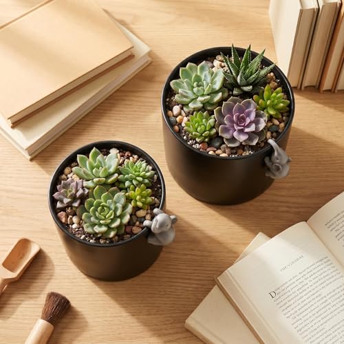 Plant Pot with Climbing Elephant Statues, 5 & 7 Inch, Matte Black, Set of 2 - color: Black E2