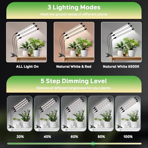 Tri-Head Clip Grow Lights for Indoor Plants, Full Spectrum Plant Lights. - size: 3 Heads(Pack 2)