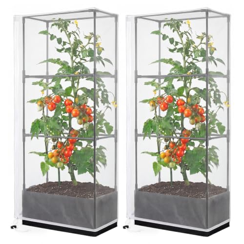 Novabright 2 Sets Tomato Cages with 17 Gallon Grow Bags and Garden Bird Netting Plant Cover 35" Fiberglass Heavy Duty Square Tomato Plant Stakes Support Trellis for Garden Vertical Climbing Plants