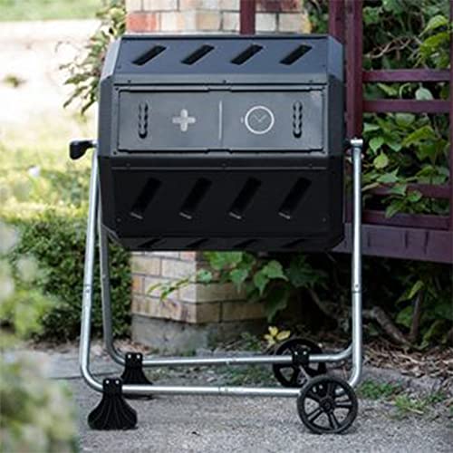 FCMP Outdoor Dual-Chamber Tumbling Composter with Wheels, Black, 37 Gallon