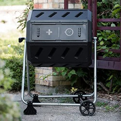 FCMP Outdoor Dual-Chamber Tumbling Composter with Wheels, Black, 37 Gallon