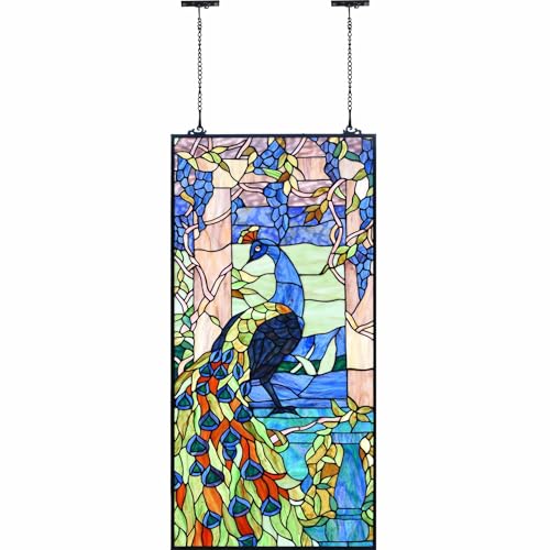 Bieye W10096 Peacock Tiffany Style Stained Glass Window Panel, 19.5Wx40.5H - size: 19.5Wx40.5H Rectangular