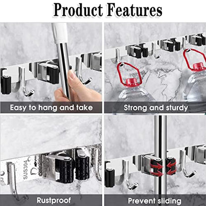2 Pack Broom Holder Wall Mount, 3 Racks 4 Hooks Mop and Broom Organizer - color: 3 Racks & 4 Hooks (Silver) - 2 Pack