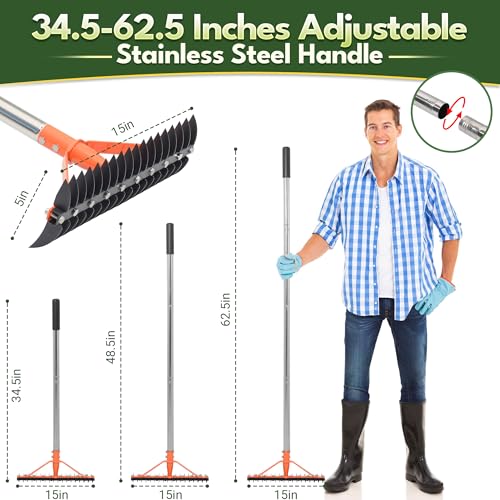 62.5 Inch Thatch Rake for Lawns 18 Sharp Tempered Spring Steel Tines - style: Thatch Rake